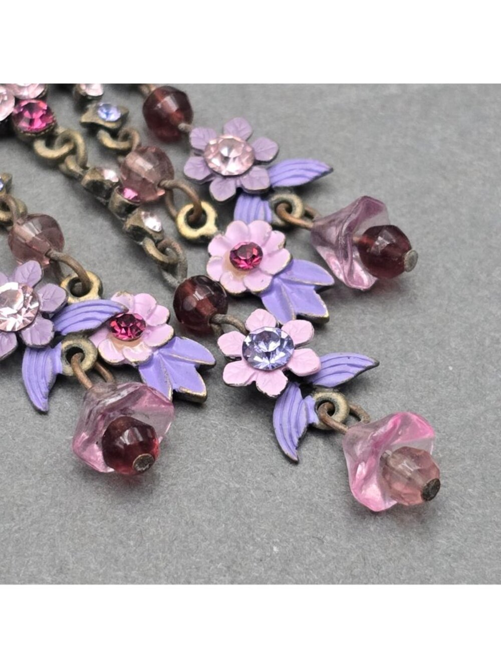 Vintage Michal Negrin Brass Dangle Earrings 4.75" Pastel Floral Crystal Drop - Picture 7 of 11